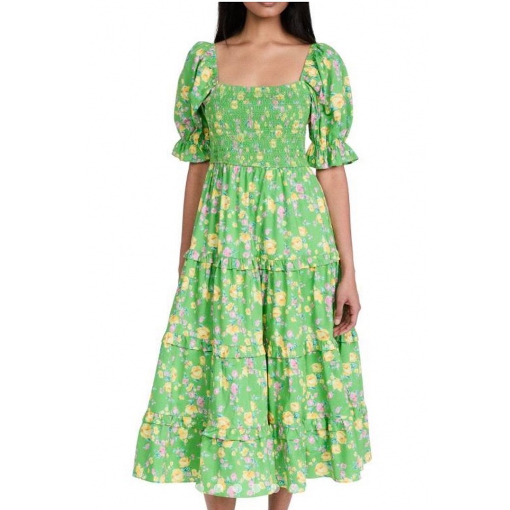 NWT Moon River Green Floral Smocked Tiered Midi Dress Puffโ Sleeve Cottagecore M